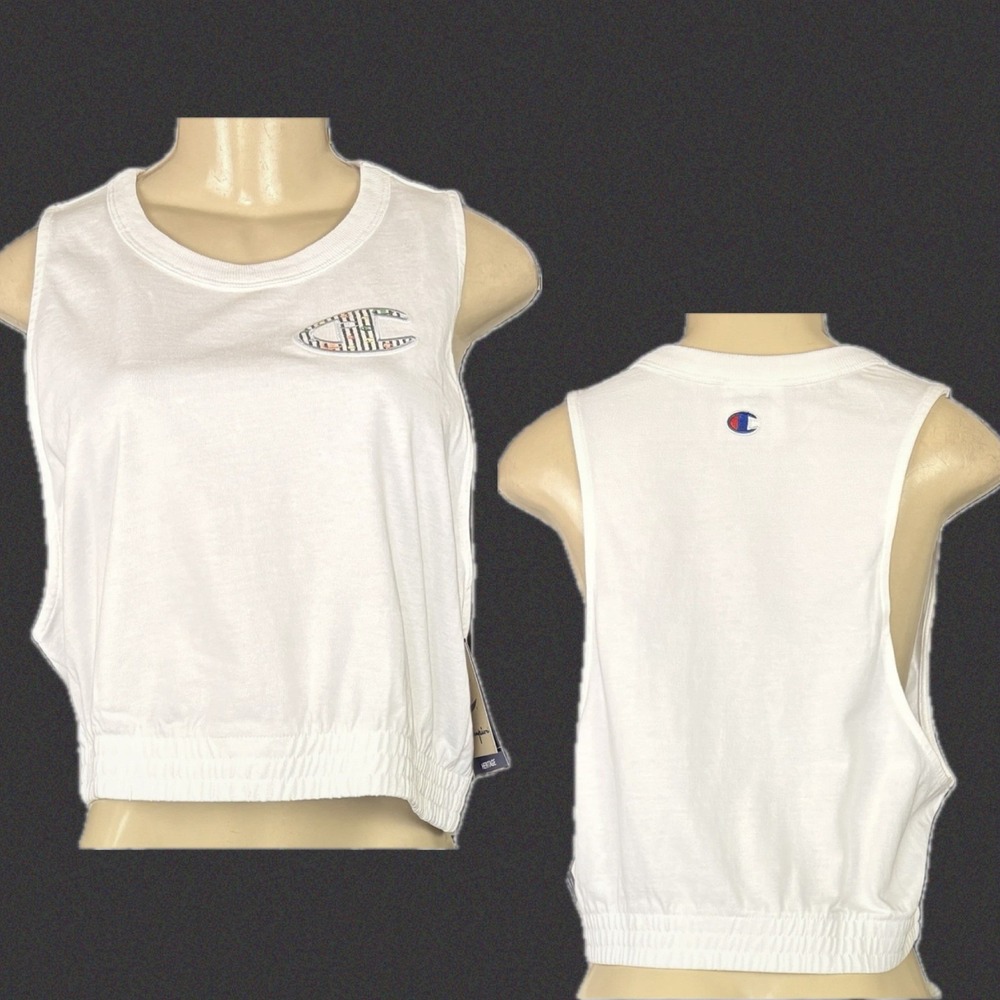 Champion Heritage 2XL White Muscle Tank Top Cropped Elastic Hem 100% Cotton